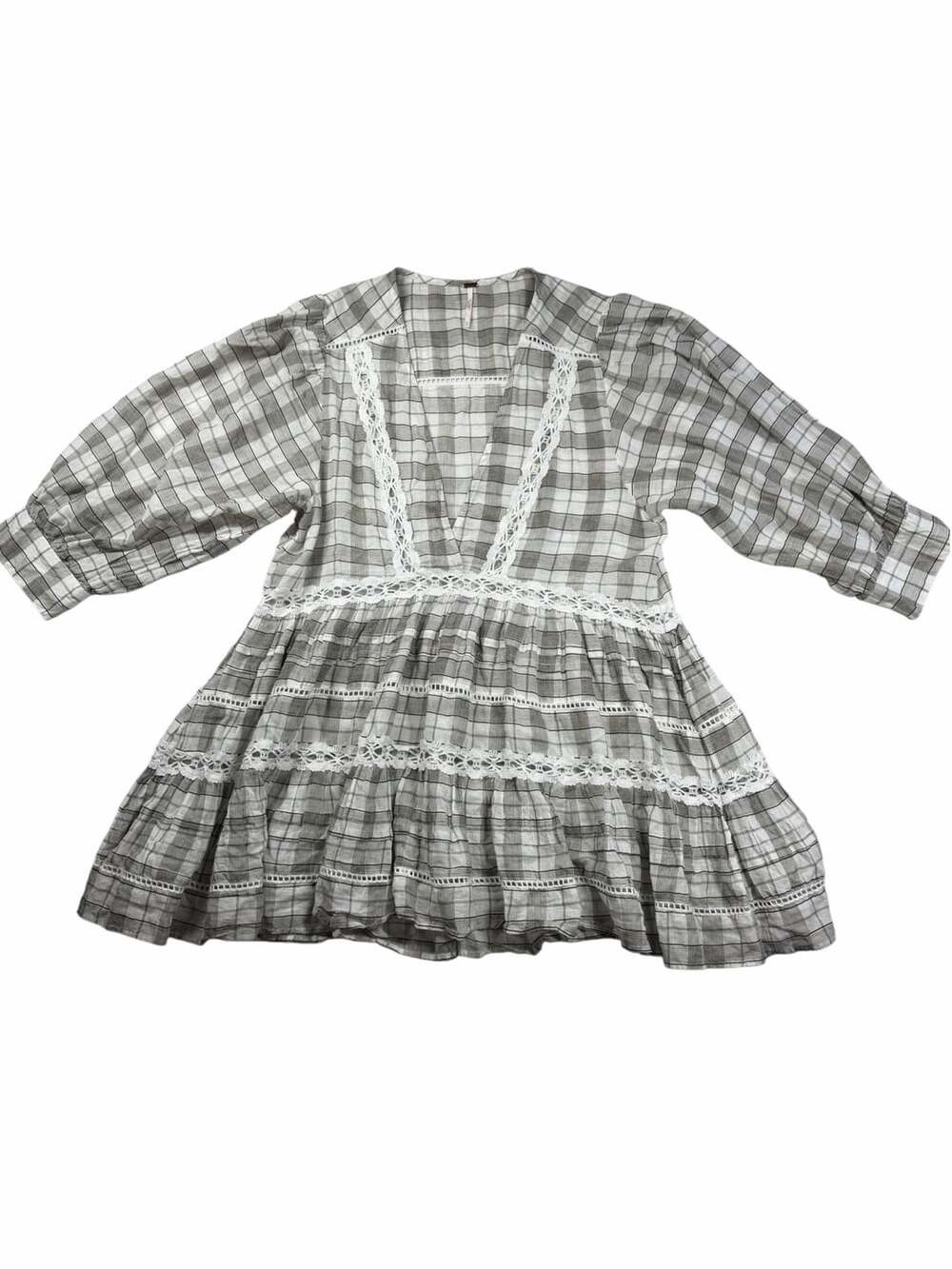 Free People Time Out Tunic M Plaid Lace Tiered Babydoll Boho Top